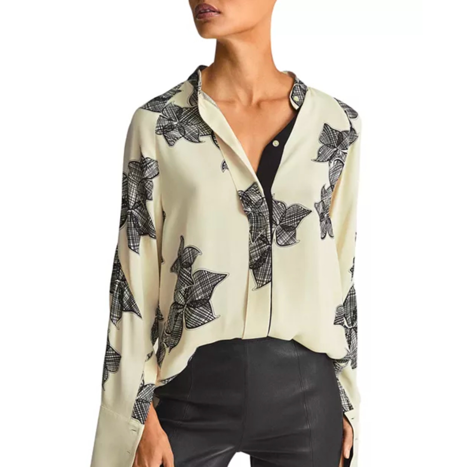 Reiss Harris Rose Print Blouse Size 2 Band Collar Long Sleeves Buttoned Cuffs